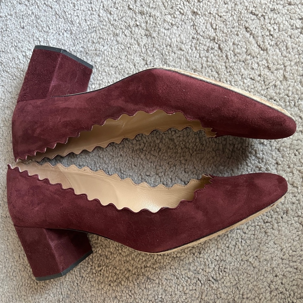 Chloe Lauren Burgundy Suede Scalloped Heels